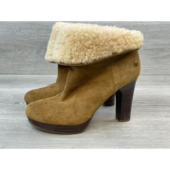 UGG Dandylion Chestnut Women's 7 Brown Bootie Suede Leather Boot Fur Trim - Picture 3 of 11